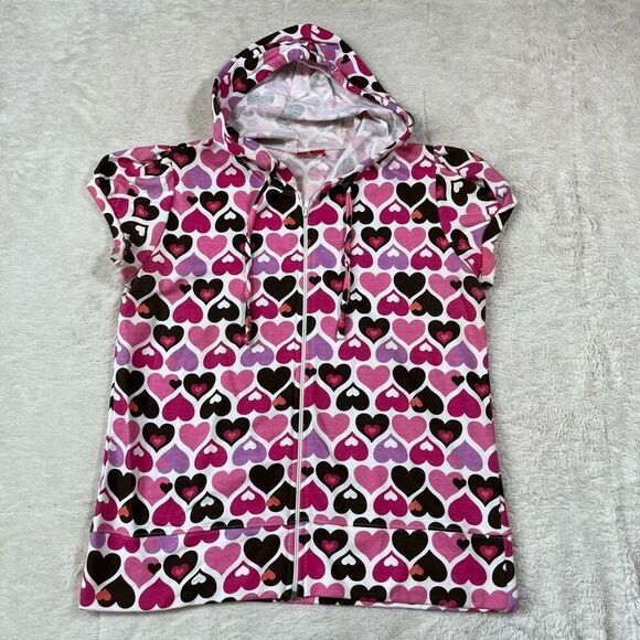 Vintage Y2K Heart Short Sleeve Zipped Up Hoodie Sweatshirt - Picture 1 of 8